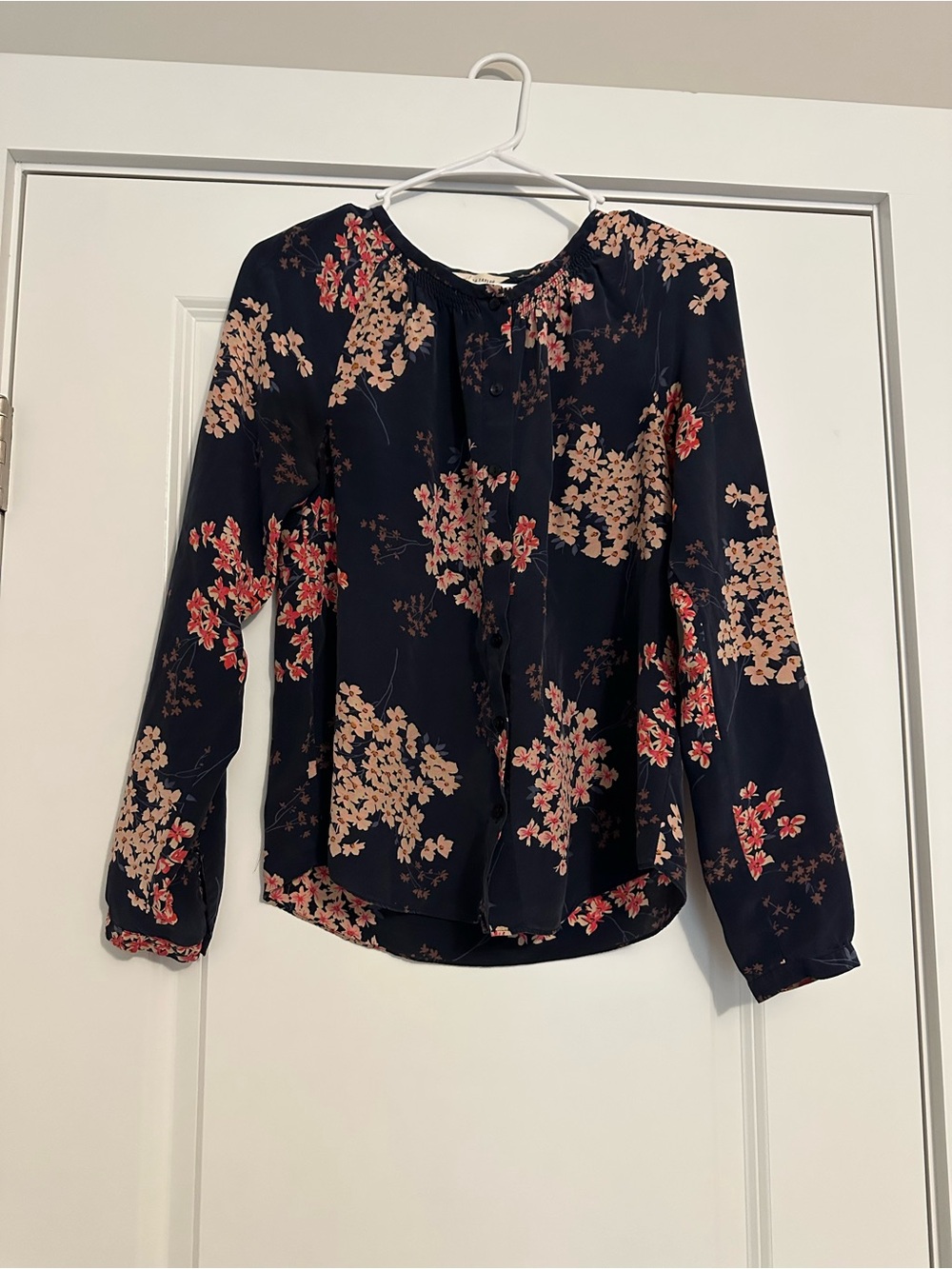 Rebecca Taylor Navy Floral Long-Sleeve Silk Blouse